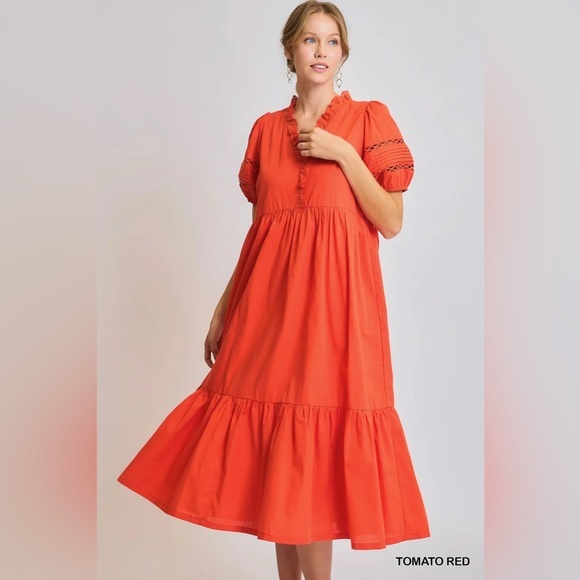 Umgee Short Sleeve Lace-Trim Ruffled Midi Dress - Picture 1 of 6
